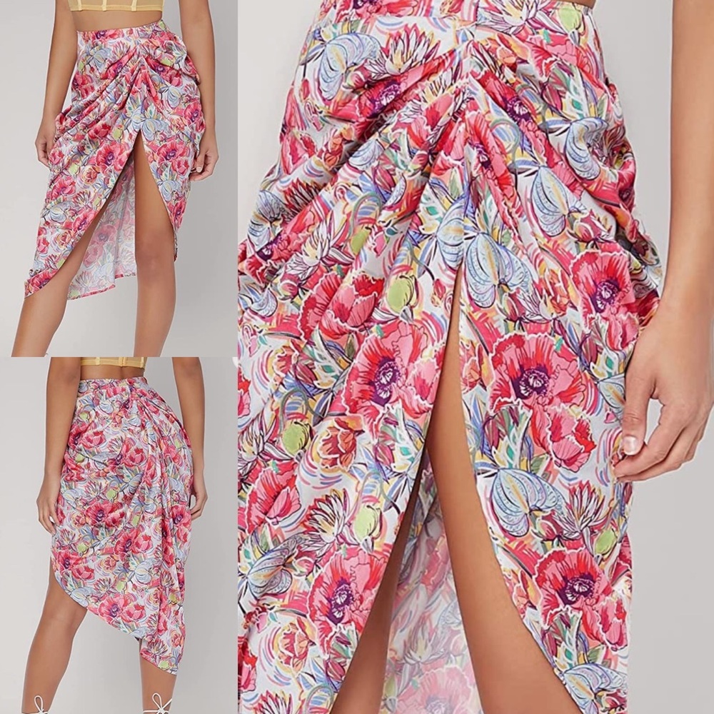 Ruched Floral Midi Skirt
